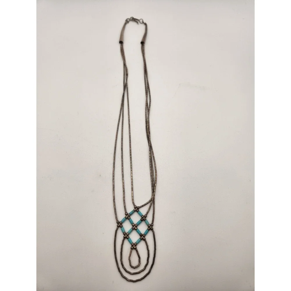 Vintage Liquid Silver Turquoise Multi Strand Necklace Sterling Southwestern 16.5